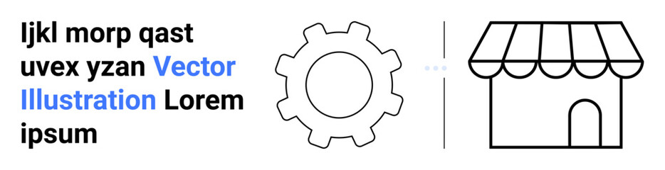 Gear symbol next to storefront outline, accompanied by placeholder text. Ideal for business, e-commerce, commerce, engineering, mechanics, teamwork, and simple landing page