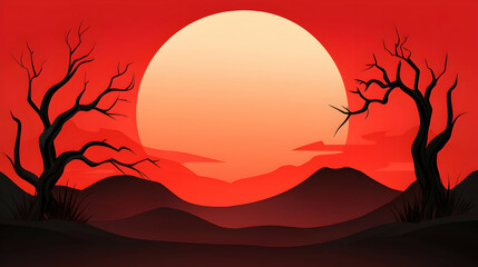Red Sunset Landscape with Silhouette Trees and Hills