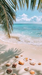 Obraz premium This picturesque image showcases a sunny beach scene adorned with seashells and palm fronds swaying above, evoking a sense of relaxation, vacation vibes, and natural beauty.