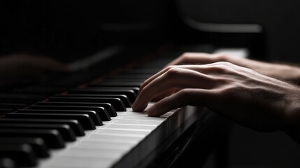Obraz premium AClose-up of pianist’s hands playing grand piano under soft warm lighting, capturing elegant movement and musical passion in a cozy low-light performance scene.