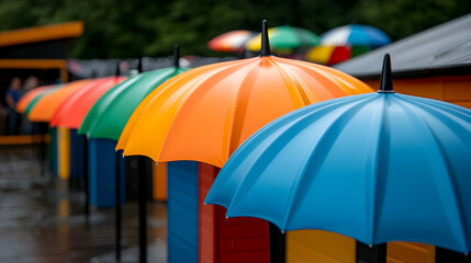 Colorful Umbrellas in a Row on a Rainy Day