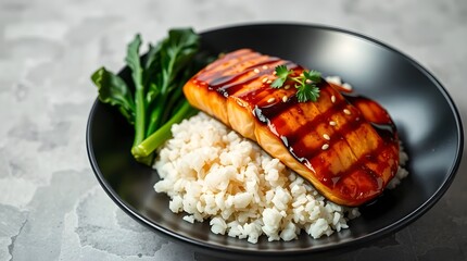 "A sizzling plate of teriyaki-glazed salmon with a side of steamed jasmine rice, sautéed bok choy, and sesame seeds, served on an elegant black plate