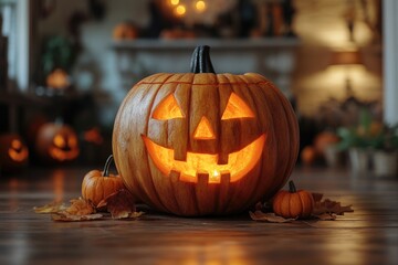 Fototapeta premium A lit jack o lantern sits amid other pumpkins and leaves