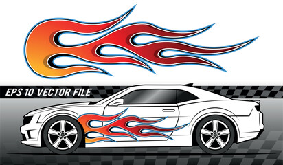 Fototapeta premium Vector fire flames race car decal graphic. Burning tire flame sports car body side vinyl decal. Side speed decoration for cars, auto, truck, boat, suv, motorcycle.