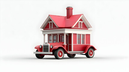 Red Vintage House on Wheels 3D Render