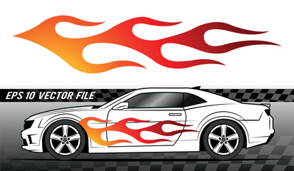 Vector fire flame race car body side vinyl sticker eps 10 image. Burning tires and flames sport car decal. Side decoration for cars, auto, truck, boat, suv, motorcycle.