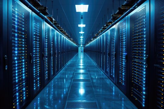 A long data center hallway with rows of servers and lights