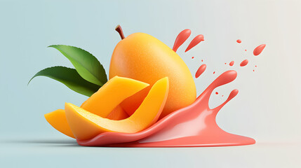Ripe Yellow Mango Slices with Pink Juice Splash on Light Blue Background