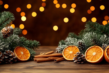 Festive orange slices and pinecones with cinnamon against lights  