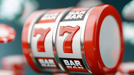 Red Slot Machine with Lucky Sevens and Bar Symbols