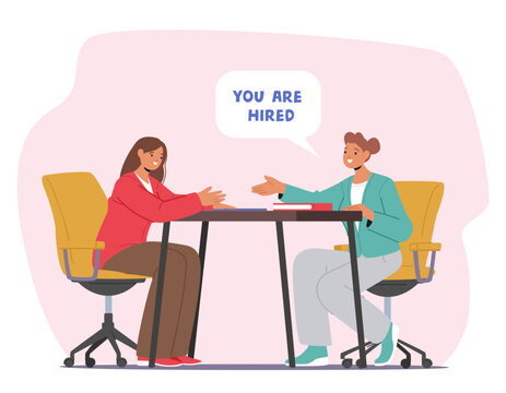 Professional HR manager congratulating candidate on successfully passing job interview cartoon scene