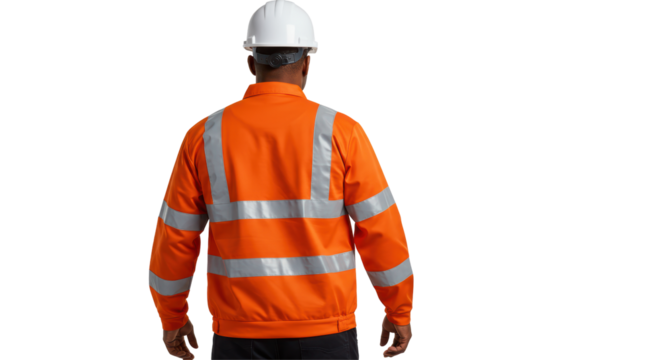 Isolated Back View of Construction Worker in Orange Jacket