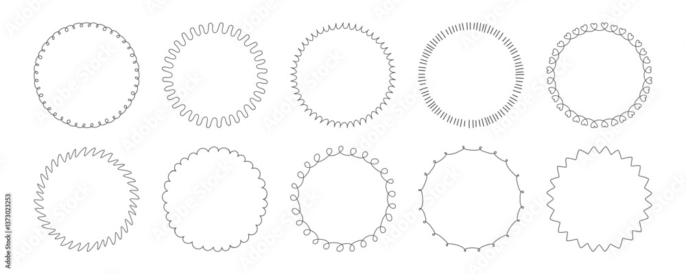 Aufkleber circle doodle hand drawn black line frame set. simple round borders with sketchy scribble edge. temp