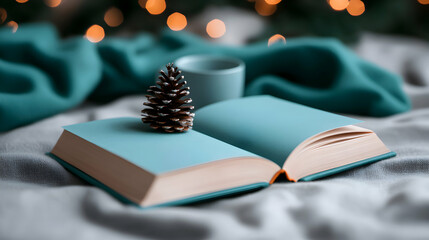 Open Teal Book with Pine Cone and Mug on Soft Blanket