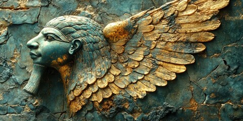 Winged Statue: An ancient stone relief sculpture showcasing a winged creature, revealing intricate details and historical artistry.