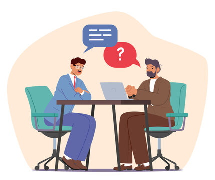 Employer asking question interviewing candidate during personal colloquy meeting cartoon scene