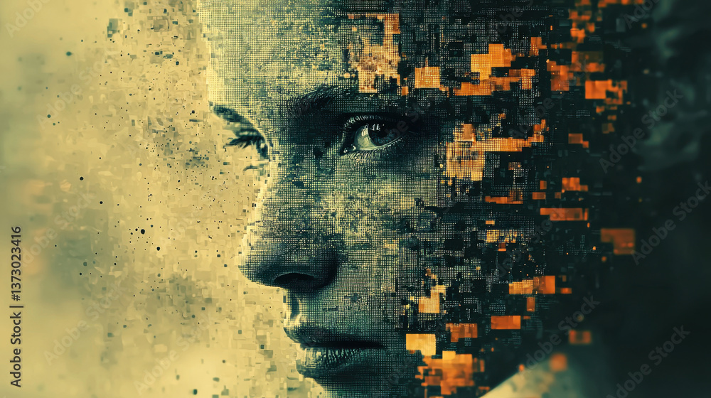 Aufkleber close-up of a human face with digital abstraction and sharp contrasts in 8k resolution