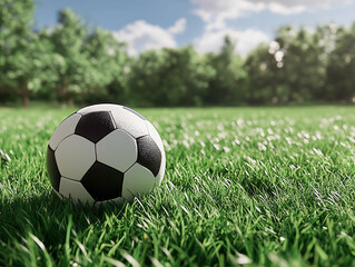 Fototapeta premium Classic Soccer Ball on Green Grass in the ParkSunlit Football Field with Soccer Ball Close-Up