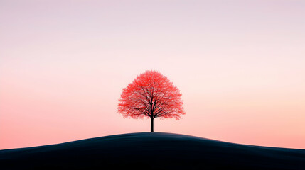 Solitary Pink Tree Silhouette at Sunset on a Hill