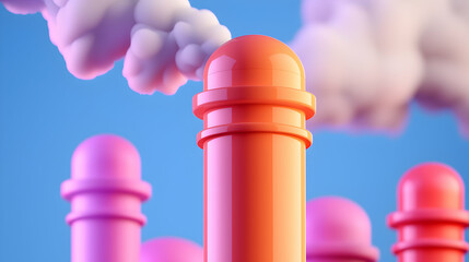 Stylized Smokestacks with Colorful Pipes and Blue Sky