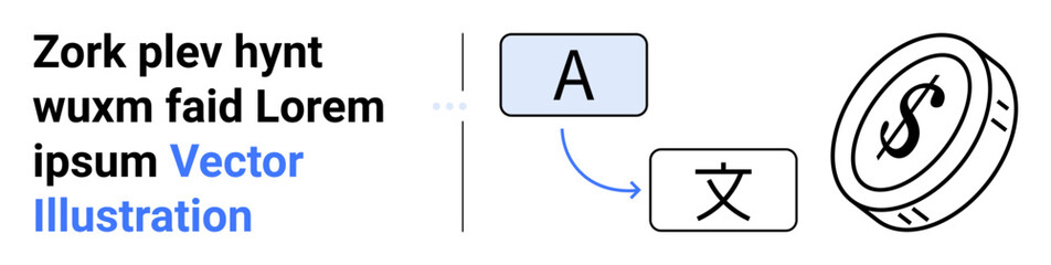 Letter A to translated text block with arrow, showing communication and translation. Coin symbolizes financial exchange. Ideal for translation, localization, finance, education, currency, fintech