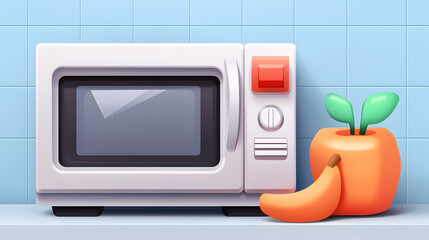 White Microwave Oven with Orange Apple and Banana on Blue Tile Countertop