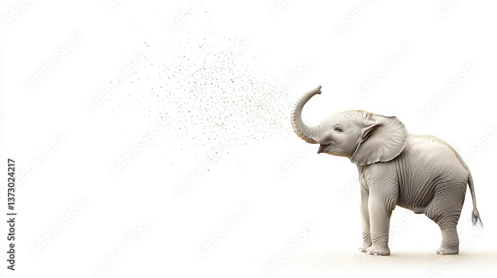 Poster an elephant splashes water on itself using its trunk against a white backdrop