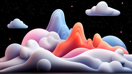 Abstract Pastel Mountainscape at Night with Glowing Clouds and Stars