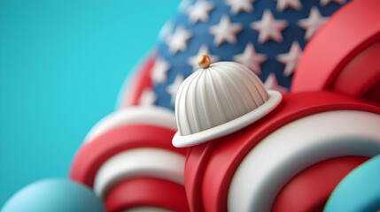 Abstract 3D Render of a White Hat on Red White and Blue Geometric Shapes