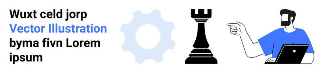 Chess rook, gear icon, person pointing while working on laptop. Ideal for strategy, teamwork, planning, decision-making, innovation leadership business. Flat landing page banner