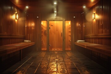A luxurious indoor spa featuring a sauna and shower area