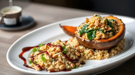 A gourmet vegan dinner with a stuffed portobello mushroom, quinoa salad, roasted sweet potatoes, and a drizzle of balsamic glaze, presented on a modern white plate