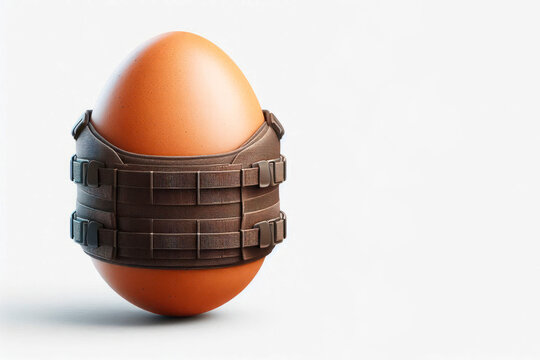 A brown egg in a bulletproof vest on a white background. Space for text.