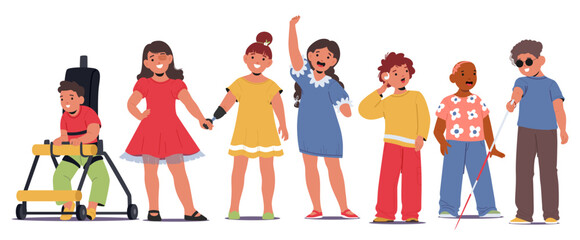 Diverse optimistic inclusive children with physical disability, cancer and congenital abnormalities