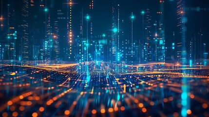 Abstract visualization of a futuristic digital landscape or data network with glowing blue and orange light streams moving through a complex grid.
