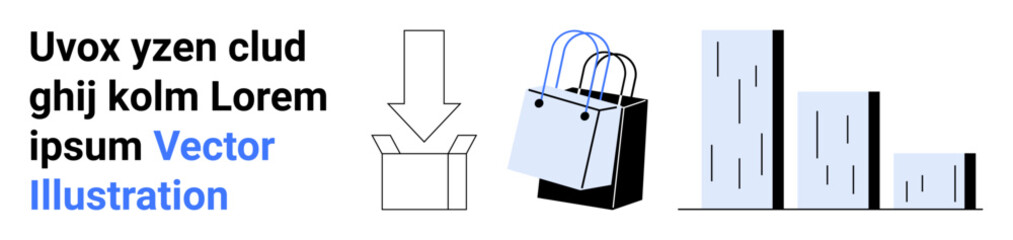 Delivery box with downward arrow, shopping bags, and bar chart growth. Ideal for e-commerce, online shopping, retail analytics, sales growth, business strategy, logistics flat landing page banner