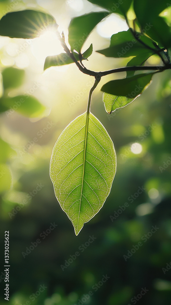 Poster close-up view of a single leaf illuminated by sunlight in a tranquil setting