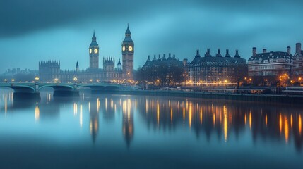 Naklejka premium London Skyline at Night Big Ben and Thames River Reflection