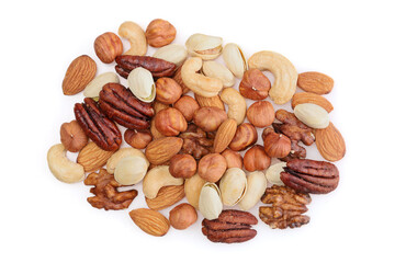 Mix of nuts isolated on white background. Hazelnuts, pistachios, almonds, walnuts, pecans and cashews. Vegetarian food.