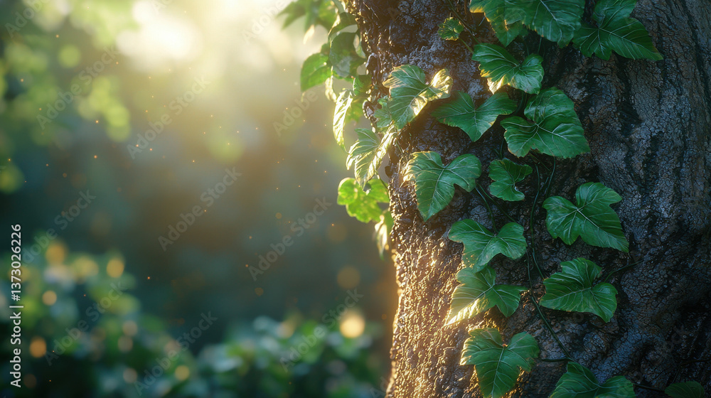 Poster close-up view of a vine curling around a tree trunk with intricate leaves in soft sunlight
