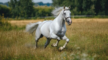 Fototapeta premium White horse running in a field with green trees in