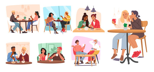 Two friends talking gossiping having nice conversation drinking coffee in cafe cartoon scene set