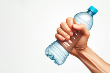Compressed plastic bottle in hand. Space for text.