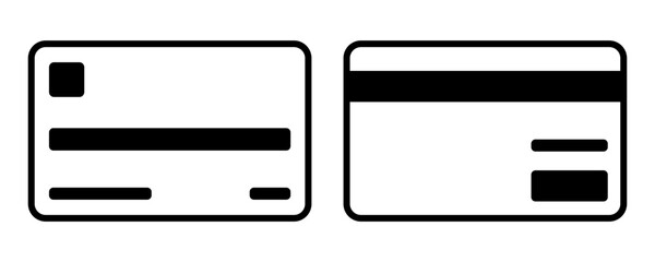 Minimalist credit card icon set. Front and back view of banking card symbol. Vector illustration for finance, payment, shopping, and digital transactions. Black and white outline design