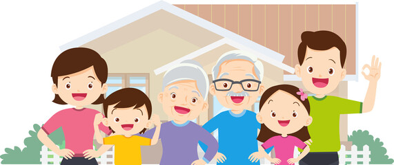 family and home.Happy family in front of their house.Father, mother, son and daughter grandparent outdoors.