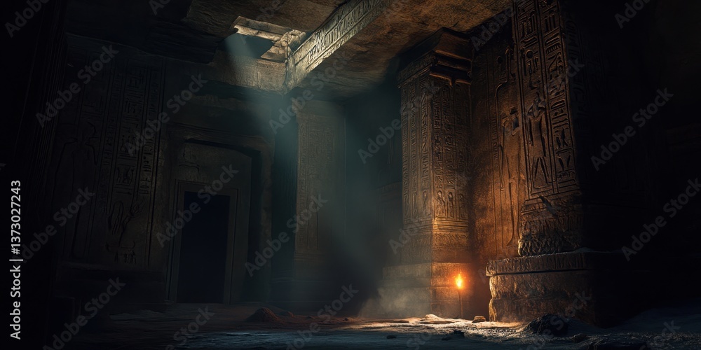 Poster ancient light: sunlight streams through a weathered stone chamber, illuminating intricate carvings a