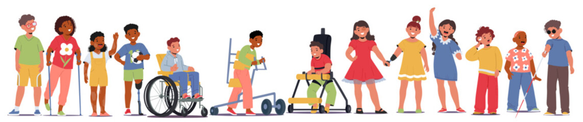 Group of diverse inclusive children cartoon characters with different mental physical disabilities