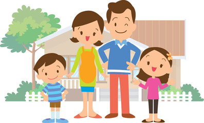 family and home.Happy family in front of their house.Father, mother, son and daughter grandparent outdoors.