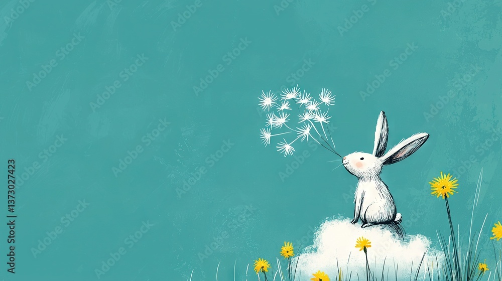 Poster a rabbit sits atop a cloud, surrounded by dandelions in its ears and one floating above