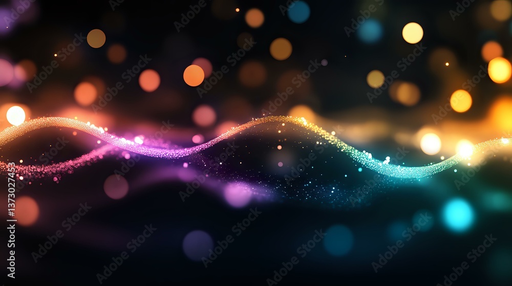 Poster magical glowing wave with sparkles and bokeh lights in rainbow colors against dark background create
